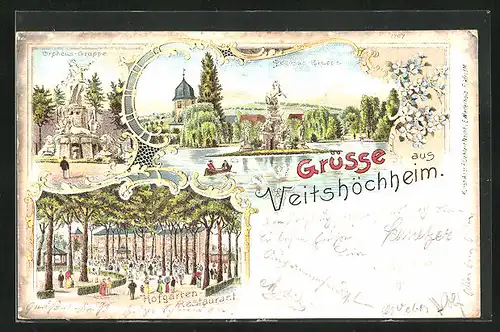 Lithographie Veitshöchheim, Hofgarten-Restaurant, Pegasus-Gruppe