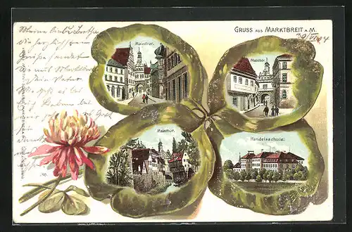 Passepartout-Lithographie Marktbreit a. M., Handelsschule, Mainthor, Kleeblatt