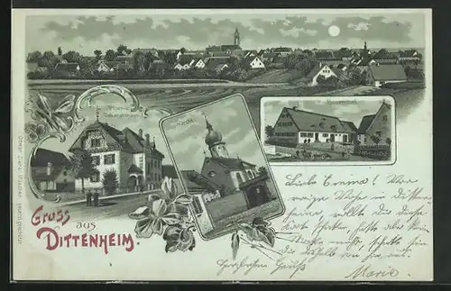 Mondschein-Lithographie Dittenheim, Bauernhof, Kirche, Totalansicht