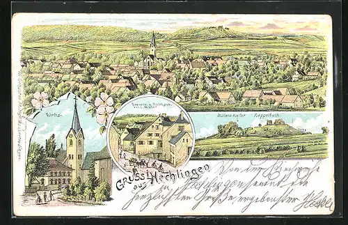 Lithographie Hechlingen, Brauerei u. Gasthaus v. L. Müller, Müller`s Keller, Totalansicht
