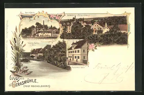 Lithographie Gerasmühle, Restaurant Zähe, Broncefabrik, Ortspartie