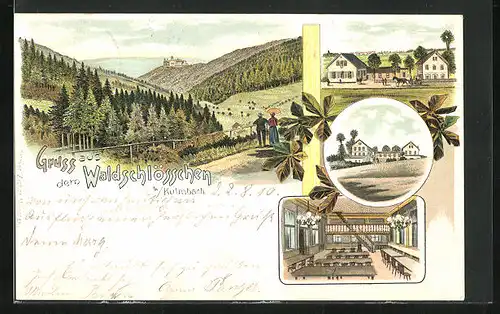 Lithographie Kulmbach, Gasthaus Waldschlösschen, Ortspartie