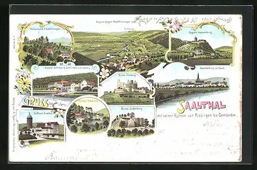 Lithographie Bad-Kissingen, Bodenlaube, Kloster Schönau b. Gemünden a. d. Saale, Ruine Trimburg im Saalthal
