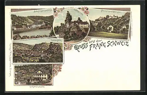Lithographie Pottenstein /Fränk. Schweiz, Behringermühle, Neumühle, Schüttersmühle