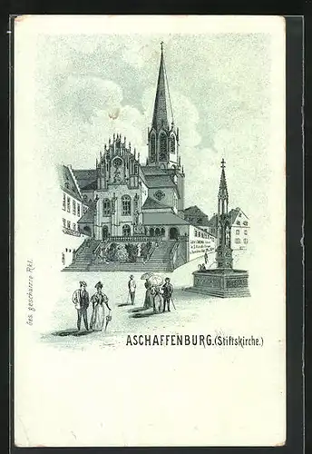 Lithographie Aschaffenburg, Stiftskirche mit Brunnen