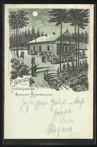 Mondschein-Lithographie Wunsiedel /Fichtelgebirge, Restaurant Louisenburg