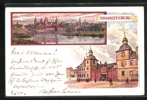 Künstler-AK Aschaffenburg, Haus im Stadtkern, Panorama