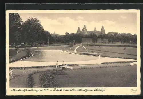 AK Aschaffenburg, Blick vom Stadtbad zum Schloss