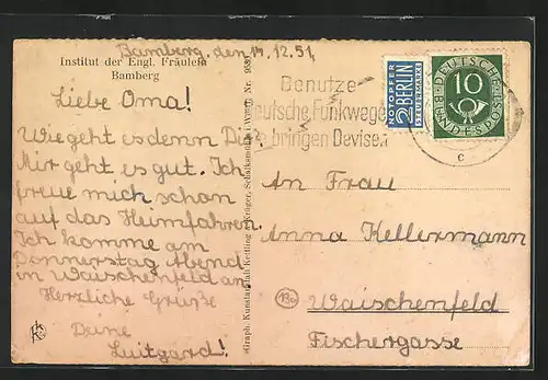 AK Bamberg, Institut der Engl. Fräulein, Treppenaufgang