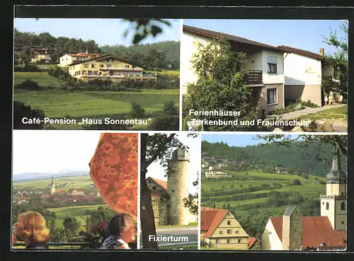 AK Fladungen /Bayer. Rhön, Cafe und Pension Haus Sonnentau, Ferienhäuser, Fixierturm