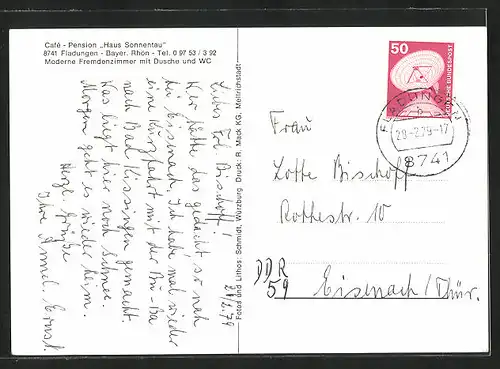 AK Fladungen /Bayer. Rhön, Cafe und Pension Haus Sonnentau, Ferienhäuser, Fixierturm