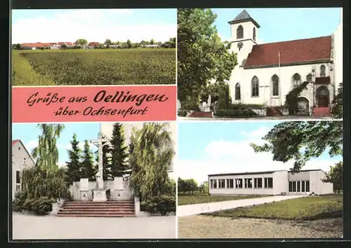 AK Oellingen, Denkmal, Kirche, Gesamtansicht