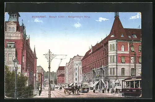 AK Budapest, Strassenbahn am Margarethen Ring