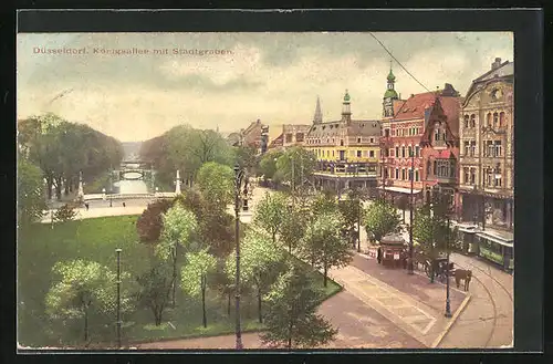 AK Düsseldorf, Königsallee mit Stadtgraben und Strassenbahn