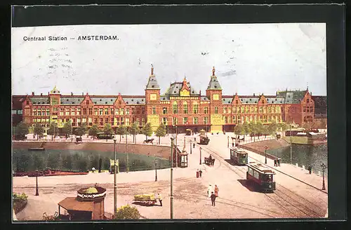AK Amsterdam, Centraal Station, Strassenbahn