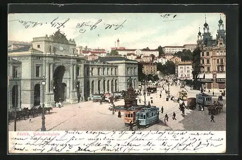 AK Zürich, Strassenbahnen am Bahnhofsplatz