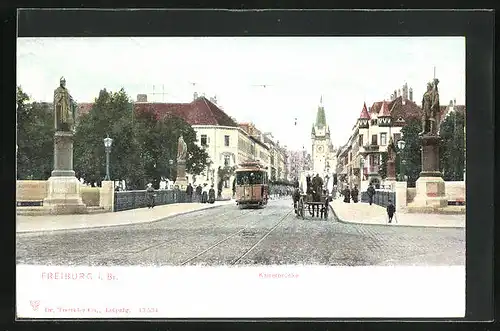 AK Freiburg i. Br., Strassenbahn auf der Kaiserbrücke