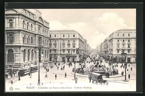 AK Napoli, Il Rettifilo da Piazza della Borsa, Fontana Medina, Strassenbahn