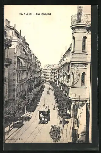 AK Alger, Rue Michelet, Strassenbahn