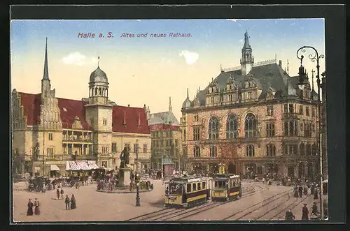 AK Halle a. S., Altes und Neues Rathaus, Strassenbahn