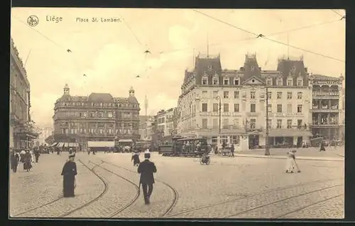 AK Liége, Place St. Lambert, Strassenbahn