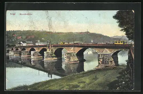AK Trier, Moselbrücke, Strassenbahn