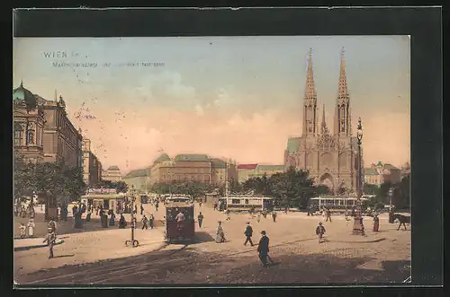 AK Wien, Maximiliansplatz und Universitätsstrasse mit Kirche und Strassenbahn