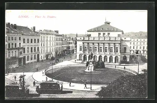AK Liège, Place du Théâtre, Strassenbahn