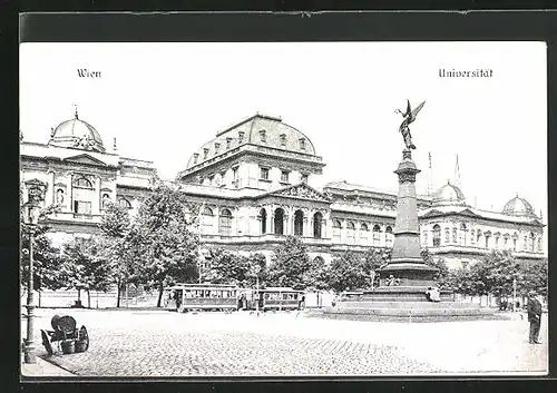 AK Wien, Universität mit Denkmal und Strassenbahn