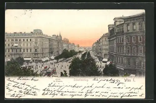 AK Wien, Schottenring mit Hôtel de France und Strassenbahn