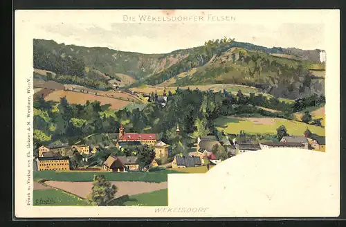 Lithographie Wekelsdorf, Blick über Ort mit Bergen