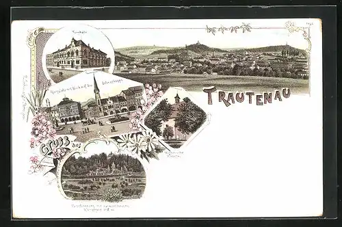 Lithographie Trautenau / Trutnov, Turnhalle, Kapellenberg mit Parkschlösschen, Ringplatz