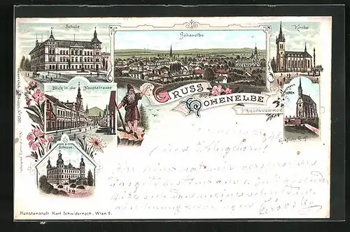 Lithographie Hohenelbe / Vrchlabi, Hauptstrasse, Schule, Gräfliche Gruft, Kirche