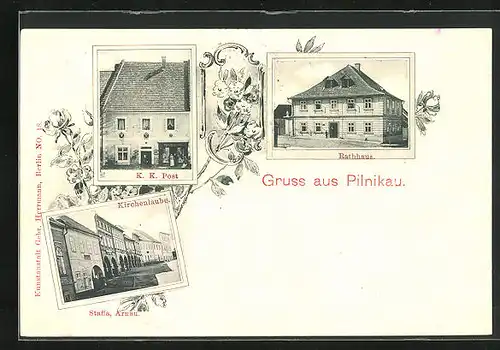AK Pilnikau, Kirchenlaube, Rathaus, K. K. Post