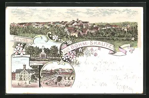 Lithographie Böhmisch Skalitz, Ring, Rathaus, Militärfriedhof