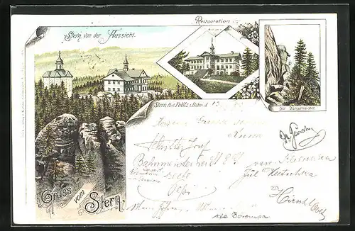 Lithographie Politz /Mettau, Restaurant Stern, Bürgermeister-Felsen