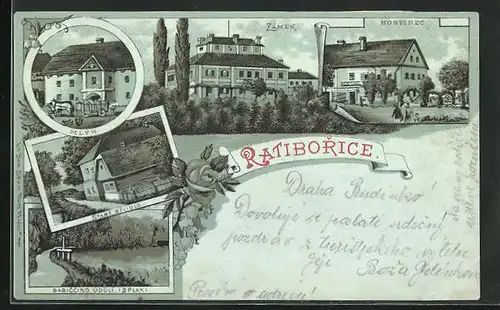 Mondschein-Lithographie Ratiborice, Hostinec, Mlyn, Staré Belidlo, Zámek