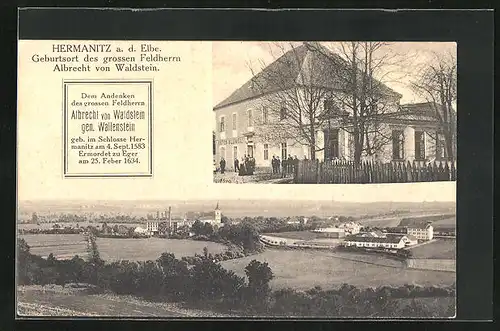 AK Hermanitz /Elbe, Gasthaus Anton Blümel, Geburtsort des grossen Feldherrn Albrecht von Waldstein