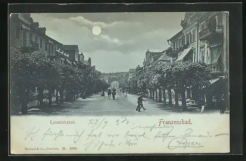 Mondschein-AK Franzensbad, Kaiserstrasse bei Nacht