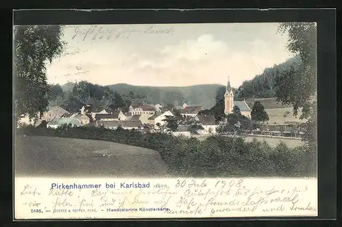 AK Pirkenhammer /Karlsbad, Totalansicht der Stadt mit Kirche