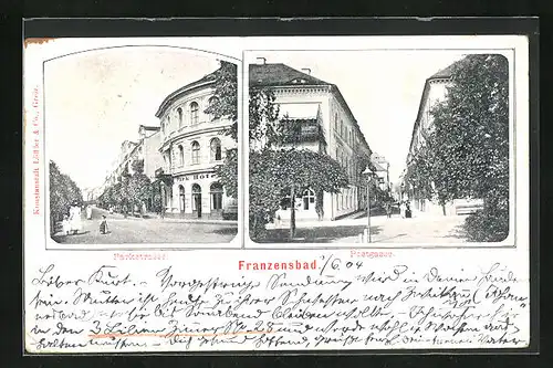 AK Franzensbad, Parkstrasse mit Park Hôtel, Postgasse