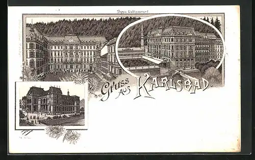 Lithographie Karlsbad, Pupp`s Etablissement, Mehrfachansicht