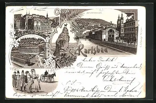 Lithographie Karlsbad, Etablissement Pupp, Kaiserbad, Sprudelcolonnade