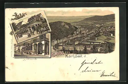 Lithographie Karlsbad, Teilansicht, Schlossbrunn, Marktbrunn