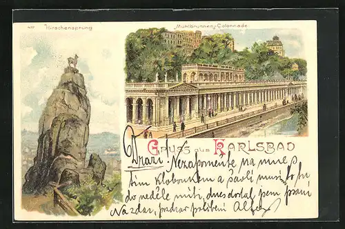 Lithographie Karlsbad, Mühlbrunnen-Colonnade, Hirschensprung