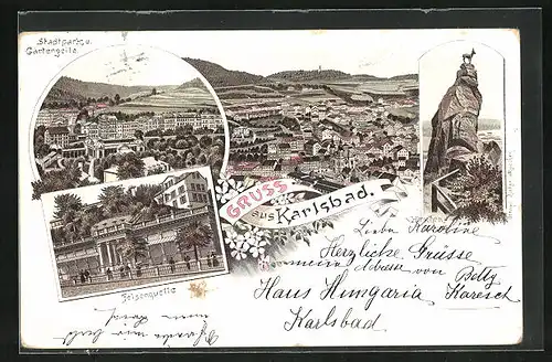 Lithographie Karlsbad, Stadtpark und Gartenzeile, Felsenquelle, Hirschensprung