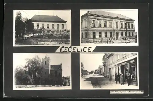 AK Cecelice, Schloss, Schule, Geschäft an der Hauptstrasse