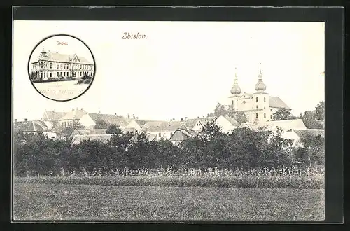 AK Zbislav, Skola, Gesamtansicht des Ortes mit Kirche