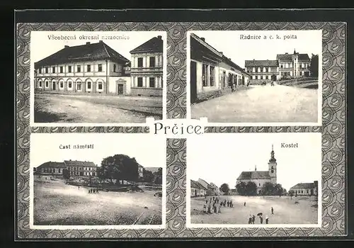 AK Prcice, Cast Namesti, Radnice a ck posta, Kostel