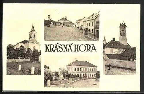 AK Krasna Hora, Kirche, Gebäudeansicht, Strassenpartie mit Geschäft